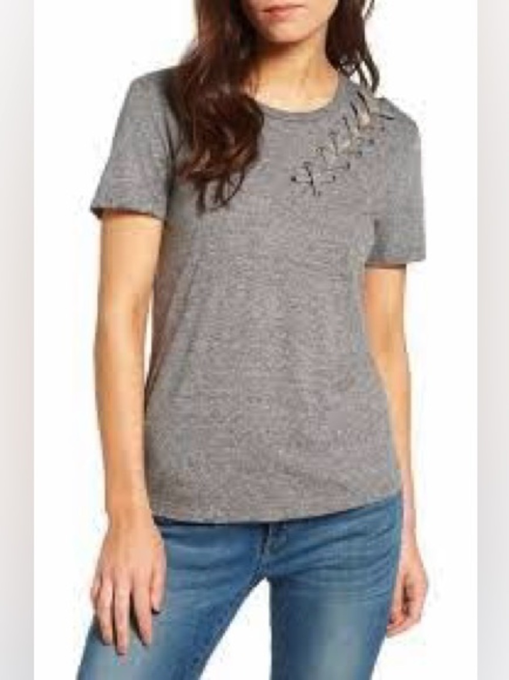 n:PHILANTHROPY Gray Short-Sleeve Lace-Up Shoulder Tee Cotton Rayon Blend GUC